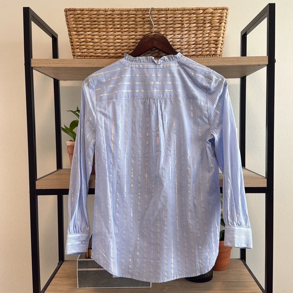 Talbots Silver Stripe Poplin Cotton Woven 1/2 Placket Collar Button Up Blouse, S - Picture 5 of 6